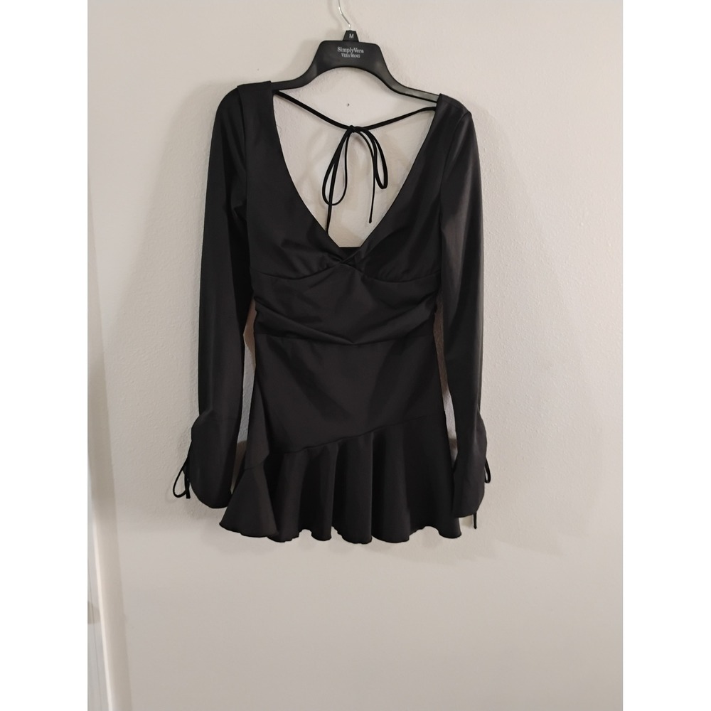 Fashion Nova Black Long Sleeve Ruffle Mini Dress V-Neck Open Back Size L